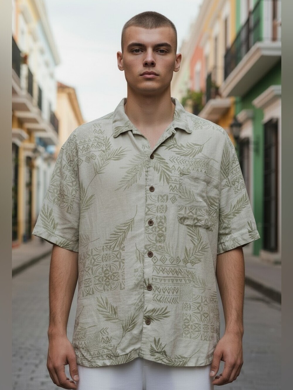 Caribbean joe Men's Size 2xl Button Up Casual Palm Tree Shirt 100% Linen